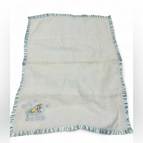 VTG Baby Blanket Blue Satin Trim SNUG AS A BUG IN A RUG 100% Acrylic Embroidered - Picture 1 of 6